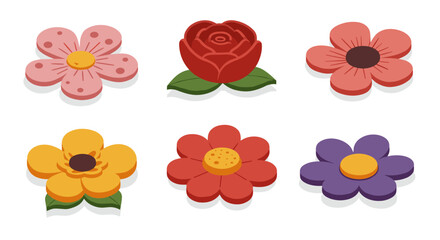 Colorful flower set with various bloom designs in a flat cartoon style
