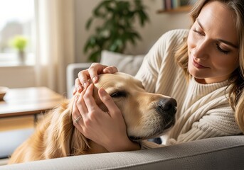 close up Woman gently pets Golden Retriever on couch in cozy living room. Daylight streams in, creating a relaxed and affectionate atmosphere.