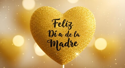 Golden Glitter Heart with \"Feliz Dia de la Madre\" Message, Celebrating Mother's Day with Warmth and Sparkle