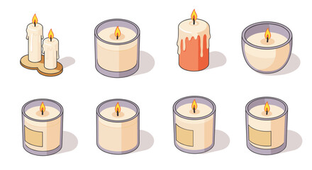 Set of cartoon candles with flames in diverse shapes and containers
