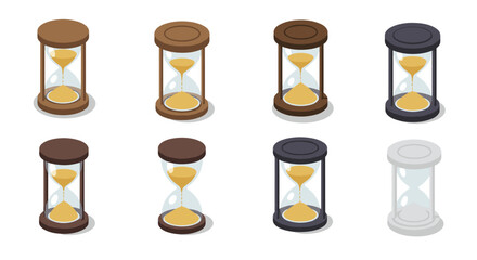 Isometric set of hourglasses in various colors on white background