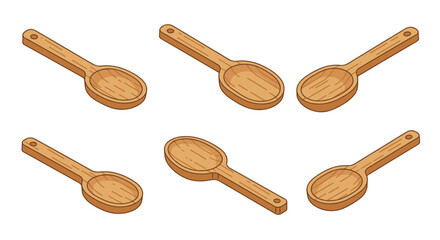 Set of wooden spoons in isometric style with light wood texture