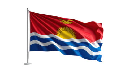 The national flag of a country gracefully waves in the breeze against a pure black backdrop, showcasing its vibrant colors and intricate design elements under bright outdoor illumination.
