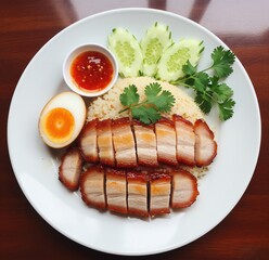Sliced roasted pork over rice with soft-boiled egg, cucumber garnish, cilantro, and spicy red dipping sauce on a white plate