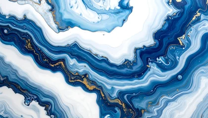 Acrylglasbilder Kristalle An abstract art piece featuring a fluid design with swirling blues, white, and gold hues, creating a marbled effect  © Johan