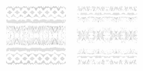 Set of six abstract tribal geometric patterns in grayscale with a distressed texture