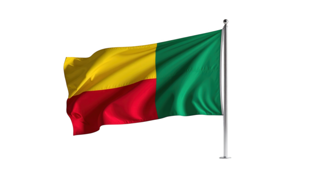 A vibrant flag featuring yellow, red, and green colors waves gently in the breeze, attached to a metallic flagpole that stands against a stark, black background, symbolizing a nation.