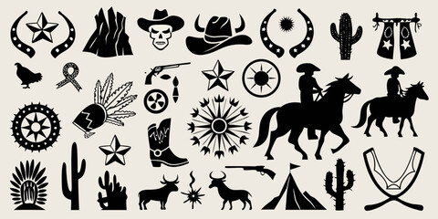 Collection of western and native american inspired silhouette icons for design