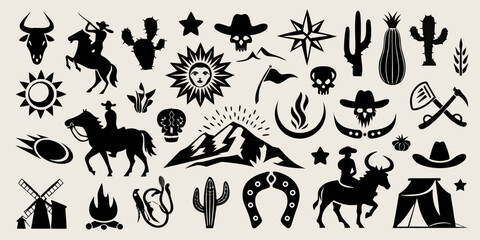 Collection of western and desert themed silhouette icons including cowboys horses cacti and skulls