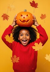 Happy black girl holding pumpkin above head, yellow background, autumn leaves falling. Happy Halloween	