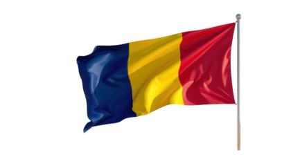 The brightly colored national flag, featuring vertical stripes of blue, yellow, and red, flies high on a pole against a stark black background with flowing fabric, showcasing a sense of movement and.