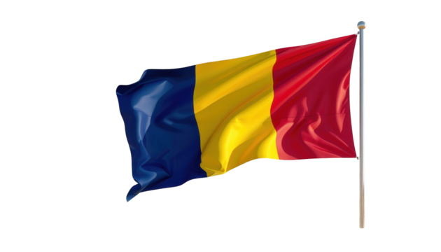 The brightly colored national flag, featuring vertical stripes of blue, yellow, and red, flies high on a pole against a stark black background with flowing fabric, showcasing a sense of movement and.