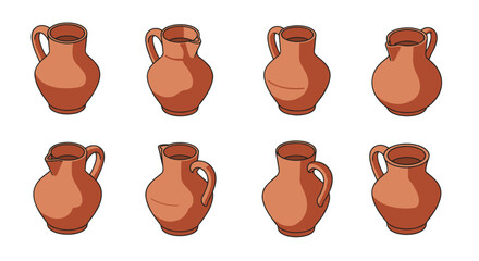 Set of hand-drawn clay pitchers with unique designs in earthy tones
