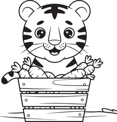 Cute Cartoon Tiger Sitting on Carrot Crate Line Art Kawaii Animal Coloring Page