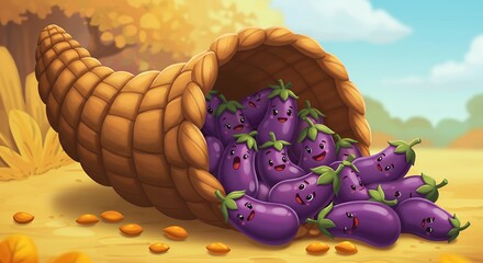 Illustration of a full harvest horn of plenty with eggplants on a rustic background
