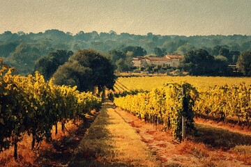 Fototapeta premium Vineyards Basking in Warm Sunlight Under a Watercolor Sky Generative AI