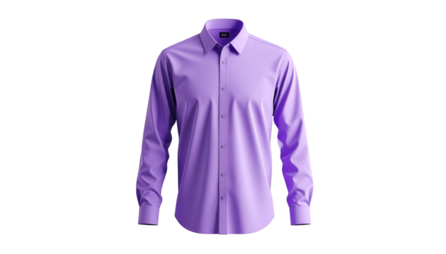 Formal button-down shirt in a vibrant purple hue, showcasing a classic collar, long sleeves, and subtle fabric texture; isolated on a stark black backdrop, emphasizing the garment's design and...