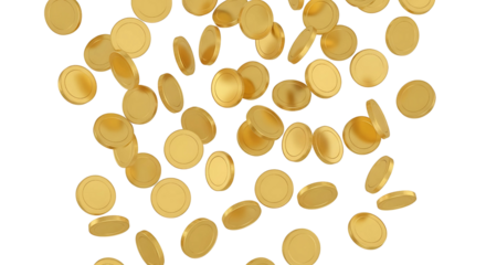 A cascade of golden coins falling from above against a transparent background.