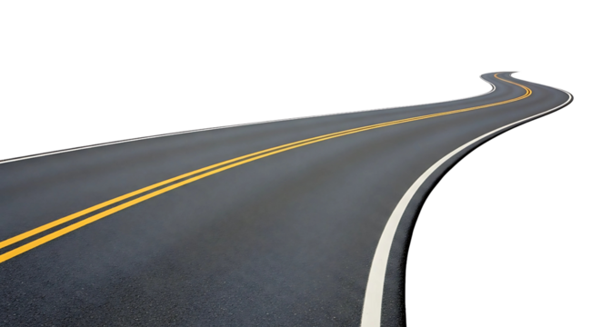 Winding asphalt road with double yellow lines isolated.
