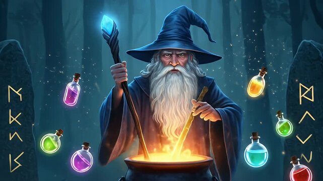 Mystical wizard casts a magical spell over a boiling cauldron of bubbling ingredients within a dark forest environment, surrounded by rune stones and glowing potions.