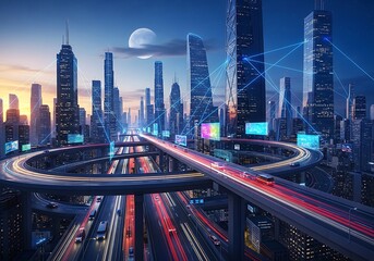 Overhead view of a futuristic city highway interchange with light trails from traffic at dusk