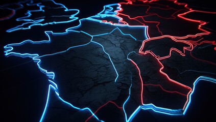 Neon-outlined map showing Europe, split by color, on a cracked surface
