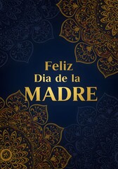 Happy Mother's Day Greeting Card Design with Floral Mandala Decorations in Gold and Navy Blue