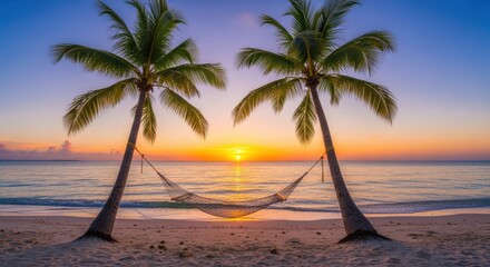 Exotic beach getaway with hammock strung between two palm trees sunset