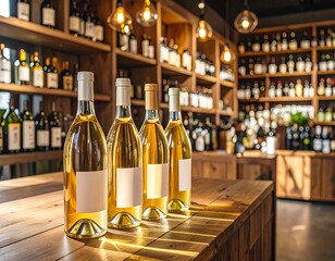 Wine bottles on a wooden counter in a wine shop