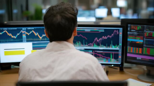 A dedicated trader analyzes stock market data on multiple screens, representing the fast-paced world of finance and investment decisions.