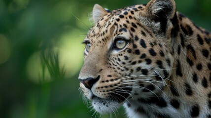 Obraz premium A captivating closeup portrait of a leopard, showcasing its striking features and intense gaze against a blurred green foliage backdrop