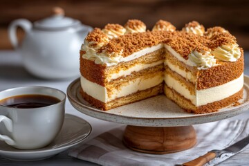 Layered honey cake with cream filling and coffee