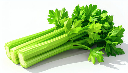Low-poly celery with green faceted polygon stalks isolated on white background, stylized 3D vegetable illustration, modern geometric digital art design
