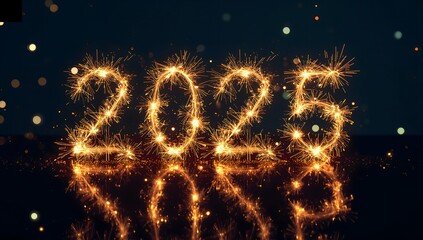 sparkling, fiery display illuminating the year 2025, symbolizing new beginnings and festive joy. The warm glow of the numbers creates a sense of anticipation and celebration