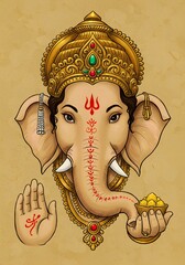 Spiritual illustration of an elephant-headed deity, symbolizing wisdom, prosperity, and new beginnings, adorned with golden jewelry and offering blessings