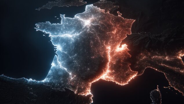 Illuminated map of a European nation with light emissions highlighting borders