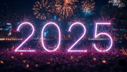 a glowing 2025 against a festive fireworks display, celebrating the new year with colorful lights