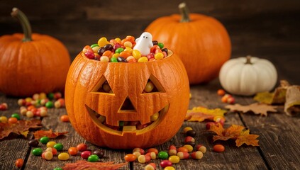 Festive Halloween Jack-o-lantern overflowing with colorful jelly beans and autumn leaves on a rustic wooden surface