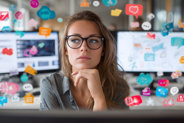 Young woman working in modern office surrounded by multicoloured social media icons and data screens. Data personalisation and social media concept.