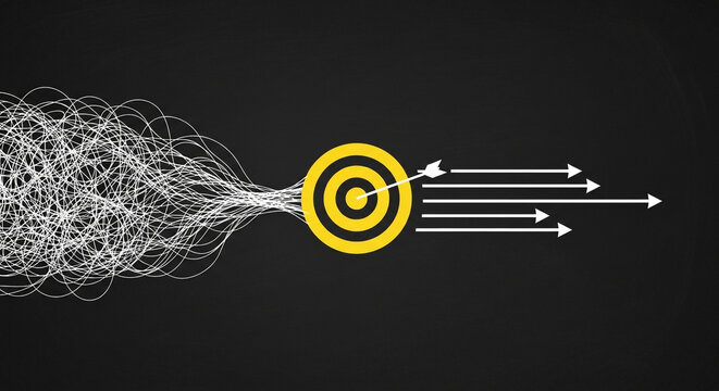 Chaos to clarity arrows hitting a target on a dark background
