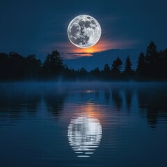 Naklejka premium A breathtaking full moon rises above a tranquil lake, casting a shimmering reflection on the waters surface, surrounded by silhouetted trees and a serene sky
