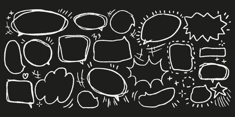 Comic Speech Bubbles. Pencil draw doodles with sketchy frames, cartoon shapes in chalkboard style. Children’s drawing highlight icons, crayon speech balloon for notes.