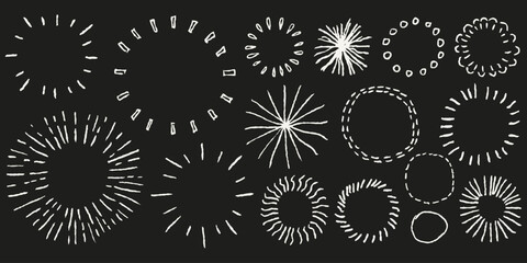 Pencil firework burst circles. White crayon draw doodles with circular sketchy shapes, abstract round frames. Blackboard  kids drawings highlight elements for notes.
