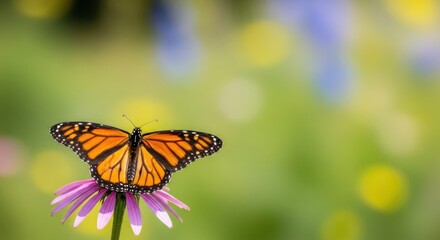 Fototapeta premium Vibrant monarch butterfly perched gracefully on a purple coneflower bloom
