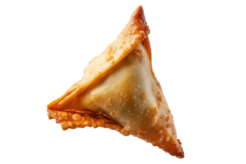 Crispy golden brown samosas with bubbled texture filled with meat or vegetables, isolated on white transparent background, representing Indian cuisine snack