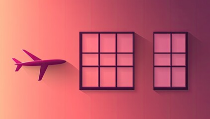 Airplane flying past two windows, pink gradient backdrop