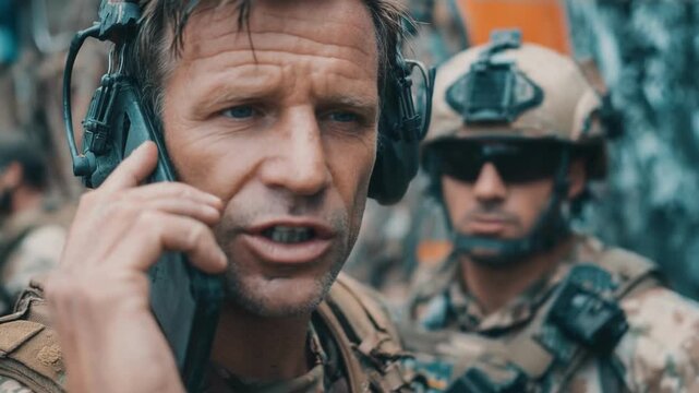 Battle-ready soldier in tactical gear and headset speaks into a radio, with another soldier visible in the background.