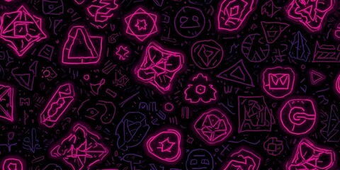 Seamless pattern with abstract neon pink and purple geometric shapes on a black background