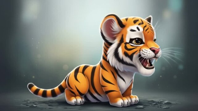 Animated Tiger Cub Character Posing with Various Expressions and Background Setting