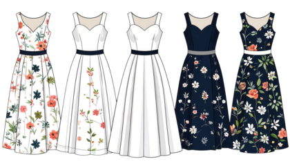 Five elegant dresses of varying styles are displayed, showcasing floral patterns and contrasting colors, each featuring a unique design with different strap styles, necklines, and waistbands, set...